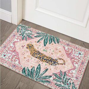 Tropical Pink Faux Wool Boho Throw Rug – Washable Non-Slip Vintage Accent Rug